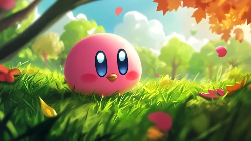 Whimsical Pink Character in Grassy Field