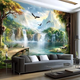 Nature Mural in Living Area with Waterfalls and Scenic Mountains
