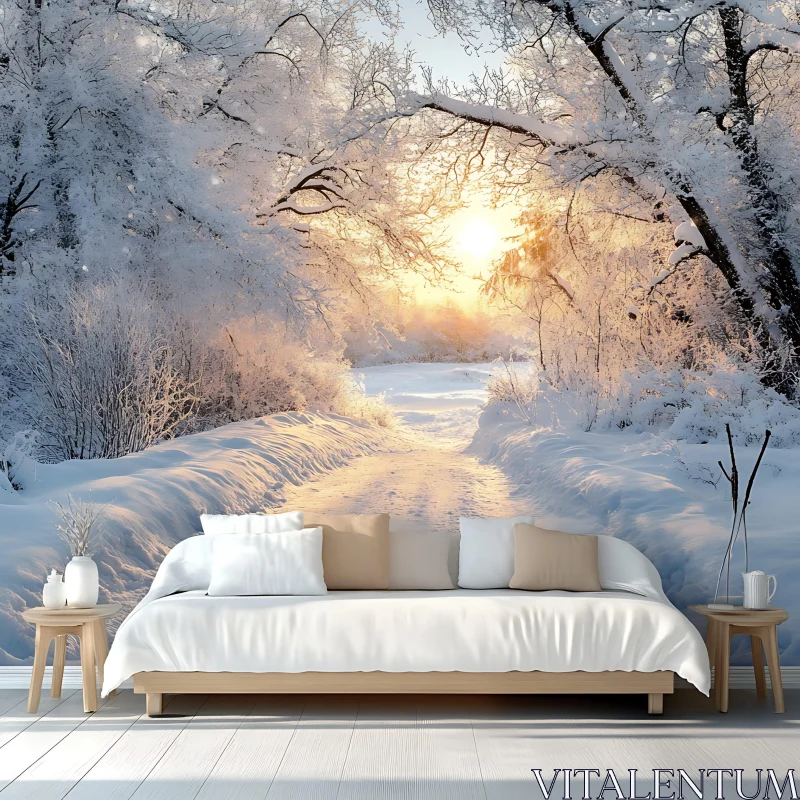 Serene Snowy Forest Path Sunset Wall Mural AI Image