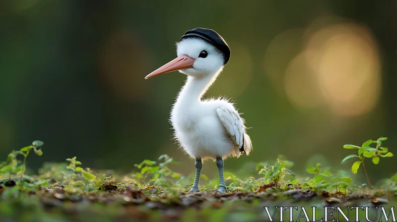 Bird with Hat on Green Foliage AI Image