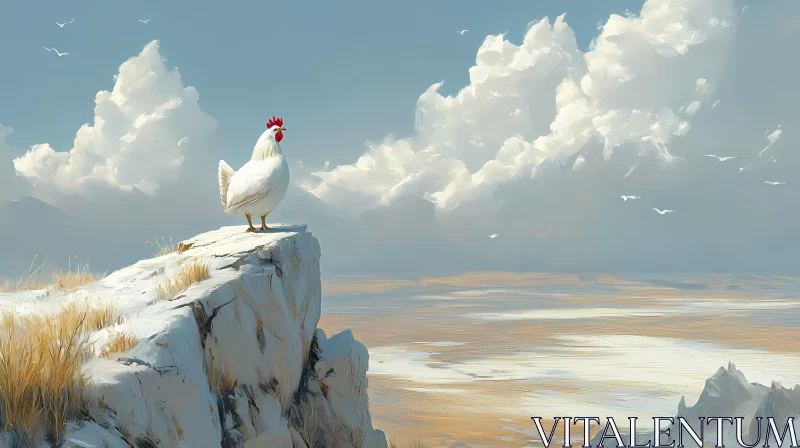 Majestic White Chicken in Cloudy Landscape AI Image