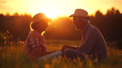 Sunset Field Serenity: Elderly Couple Portrait