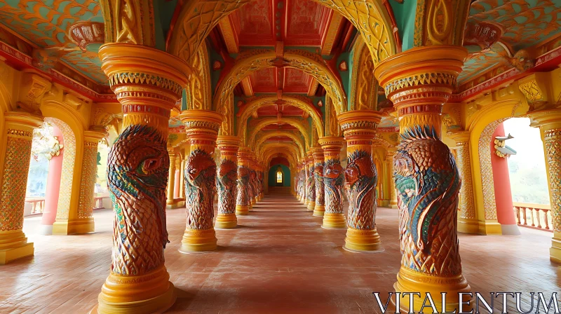 Elaborate Temple Interior with Decorative Pillars AI Image