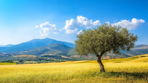 Peaceful Landscape with Tree and Mountains