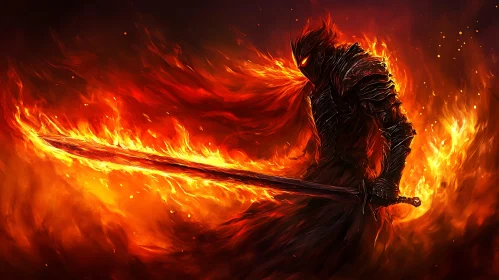 Flaming Sword Warrior in Dark Armor