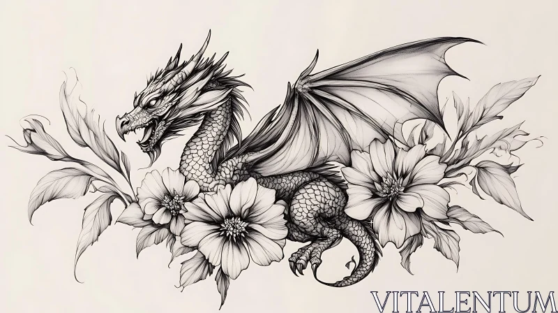 Floral Dragon Detailed Drawing AI Image