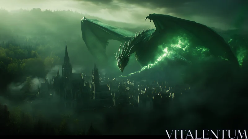 AI ART Emerald Dragon Over Fantasy Cityscape