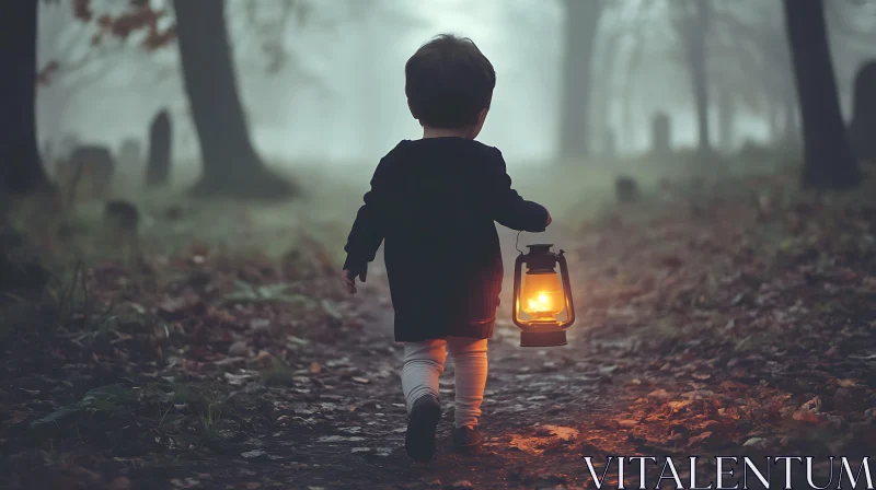 AI ART Child with lantern in foggy forest