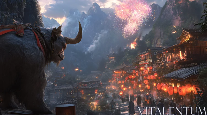 AI ART Mountain Village Celebration with Yak Guardian