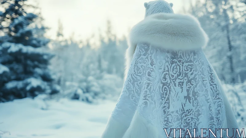 Snowy Forest Figure with Lace Cape AI Image