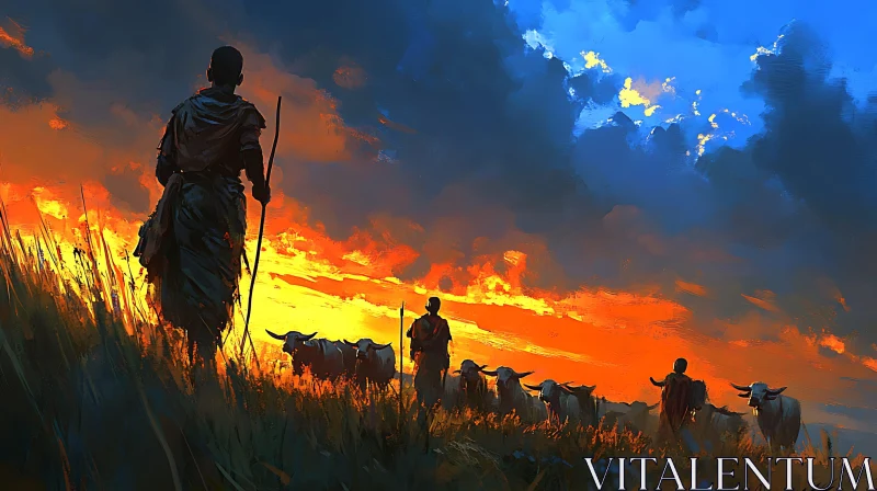 AI ART Pastoral Sunset with Shepherds and Cattle