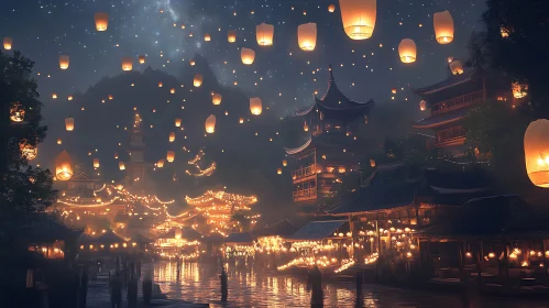 Floating Lanterns Over Asian City