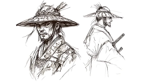 Asian Warrior Sketch with Conical Hat