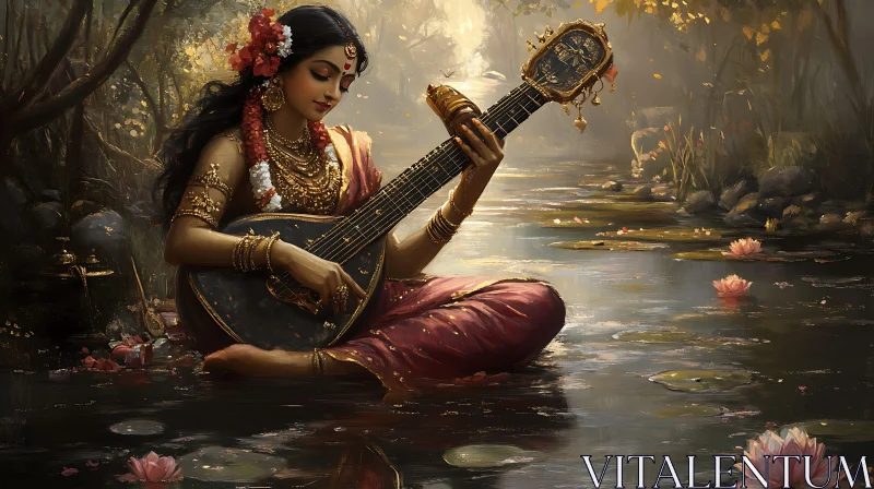 Woman in Water with String Instrument AI Image