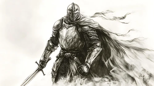 Monochrome Knight with Sword Illustration