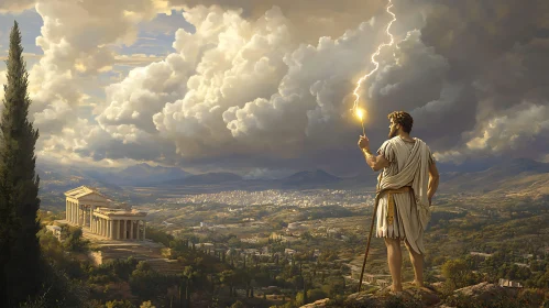 Greek God with Lightning Over Ancient City