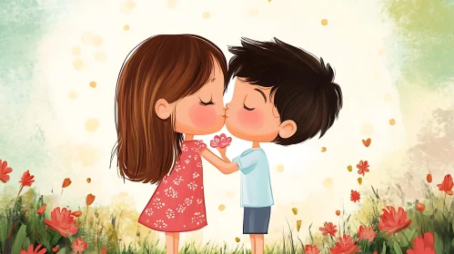 Cartoon Children Sharing a Kiss