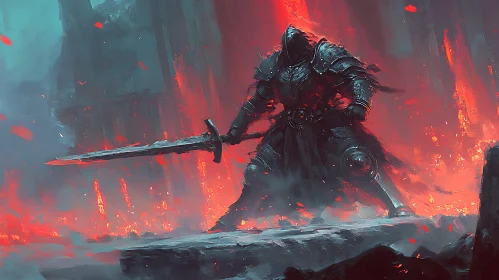 Armored Warrior in Fiery Landscape