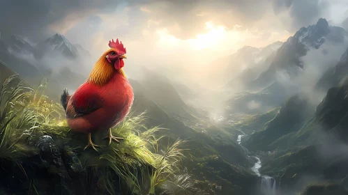 Rooster Overlooking Misty Valley