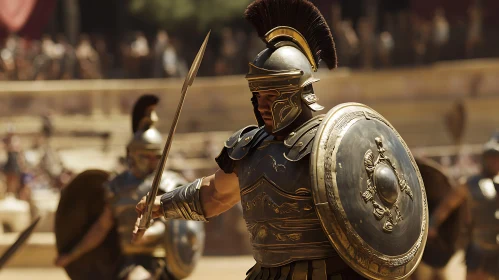 Ancient Roman Warrior with Spear and Shield