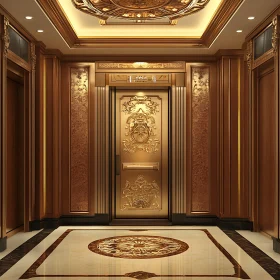 Intricate Golden Elevator Doors in Lavish Lobby