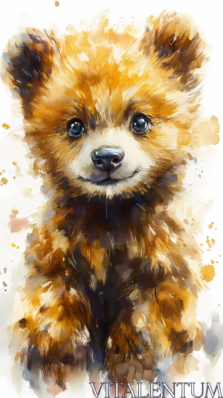 Playful Bear Cub Watercolor Painting AI Image