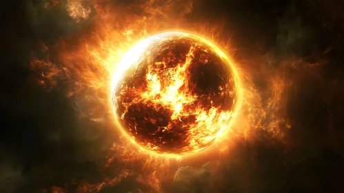 Flaming Sphere Against Dark Background