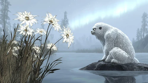 White Bear and Flowers by the Lake