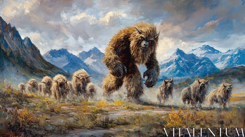 AI ART Monster Leading Herd Through Mountain Landscape