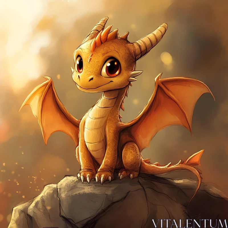 AI ART Cute Dragon on Rock Digital Art