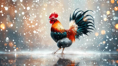 Rooster in Snow with Bokeh Lights