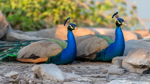 Pair of Peacocks in Serene Wildlife Setting