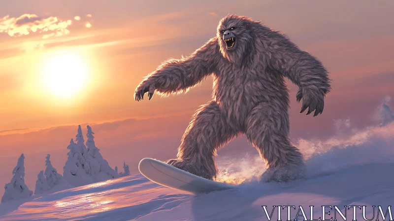 AI ART Snowboarding Yeti at Sunset