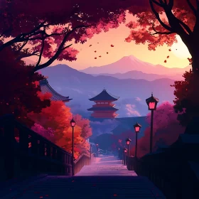 Japanese Temple in Spring Landscape