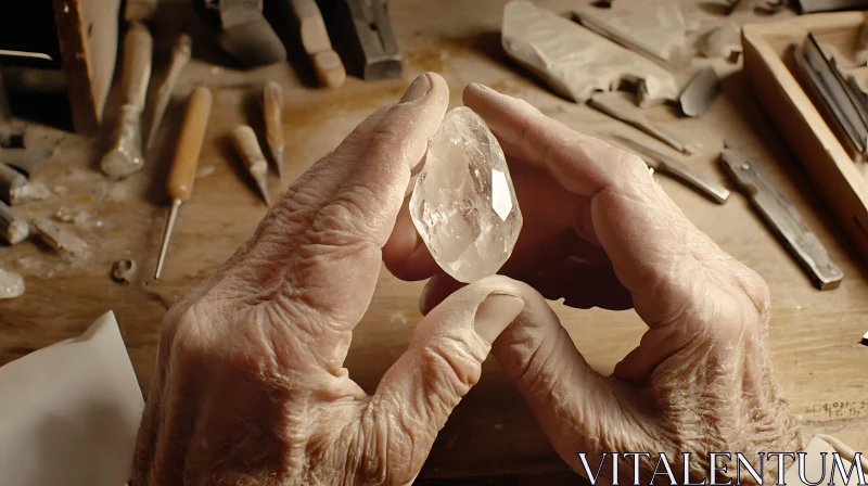 Craftsman's Hands Holding a Crystal in Workshop AI Image