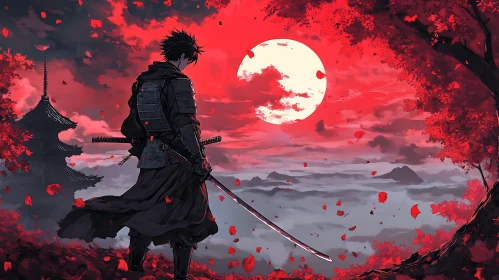 Warrior's Stance Beneath the Red Sky