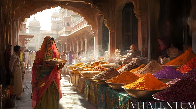 Indian Woman at the Colorful Spice Bazaar AI Image