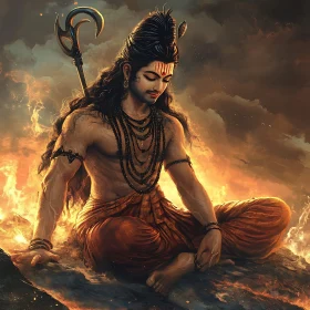 Meditative God in Fiery Landscape