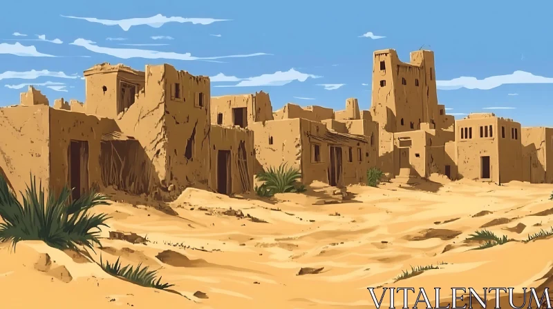 Adobe Town in Desert Landscape AI Image