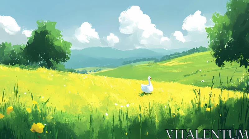 Summer Field with White Goose AI Image