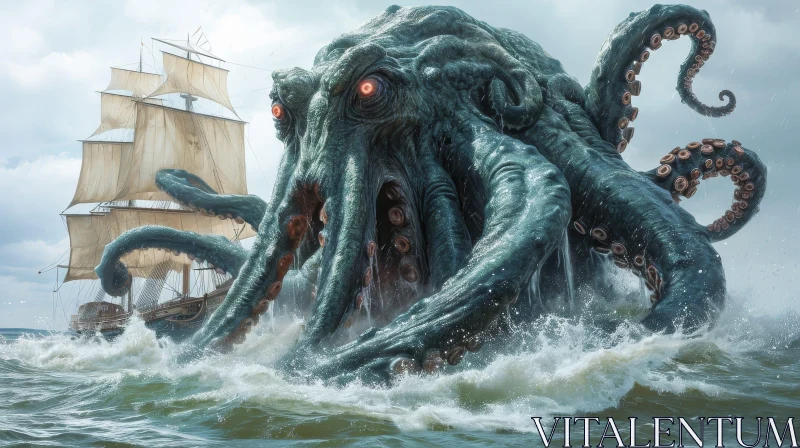 Captivating Digital Painting of Giant Octopus Attacking Ship AI Image