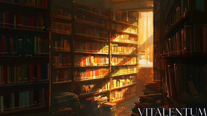 Captivating Painting of a Sunlit Library with Bookshelves AI Image
