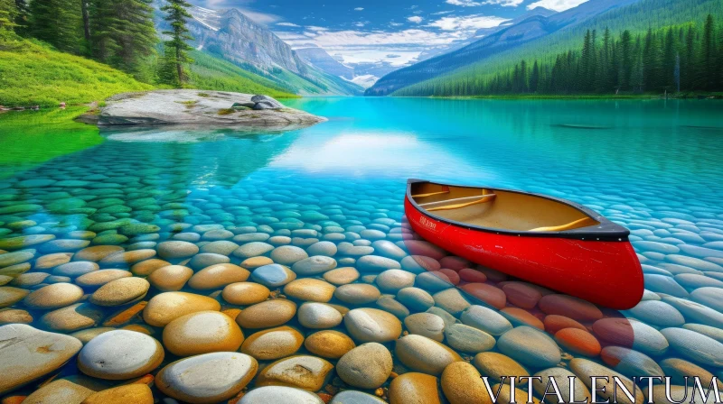 Captivating Red Canoe Floating in a Lake - Hyperrealistic Landscape AI Image
