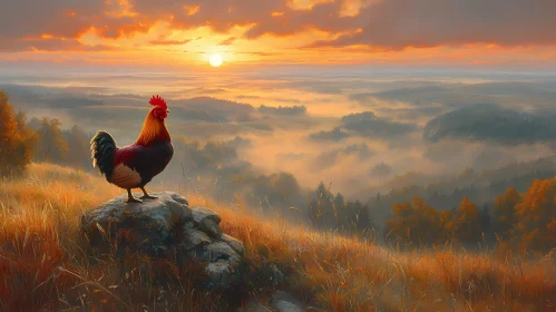 Rooster and Misty Morning Horizon