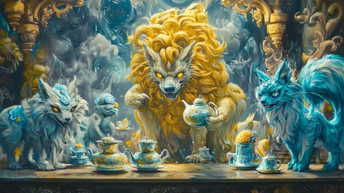 Whimsical Tea Party with Wolf-like Characters