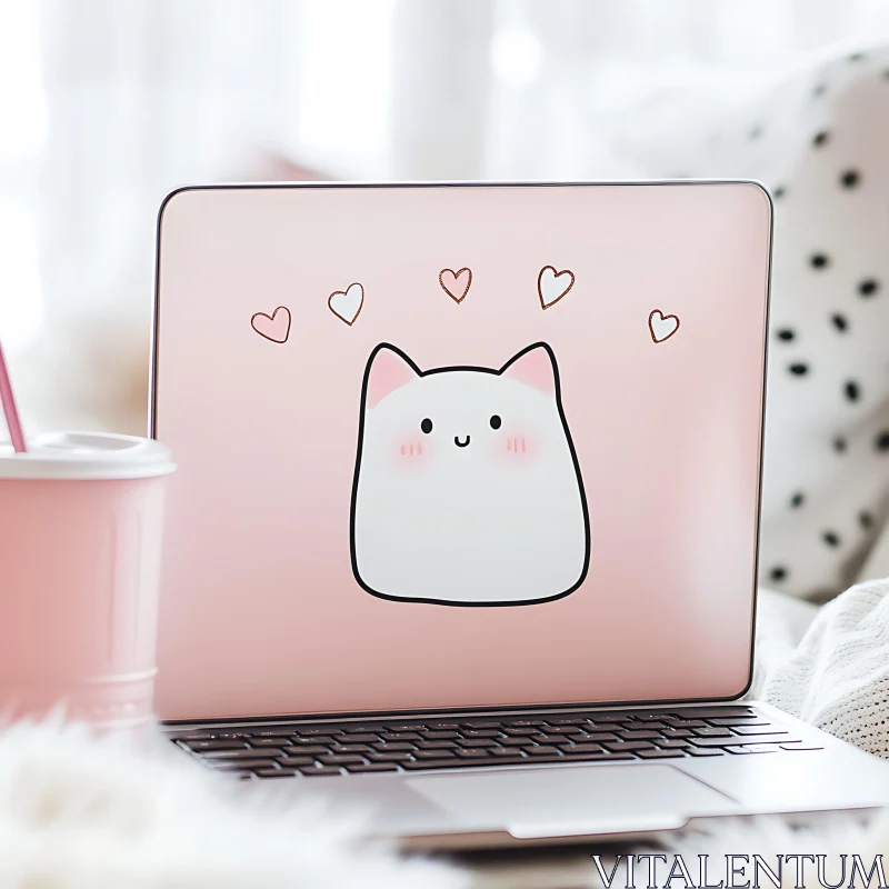 AI ART Adorable Pink Laptop with Cartoon Cat