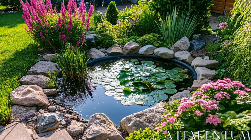 Serene Pond in a Vibrant Garden AI Image