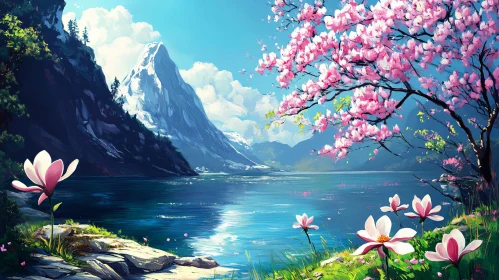 Tranquil Lakeside Scene with Cherry Blossoms and Mountains