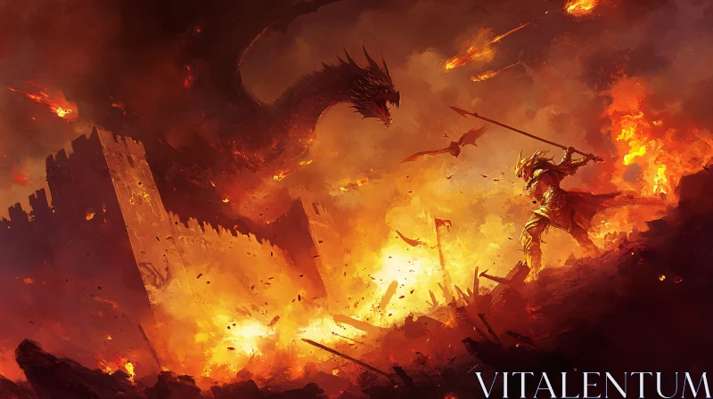 AI ART Fiery Showdown: Warrior Versus Dragon