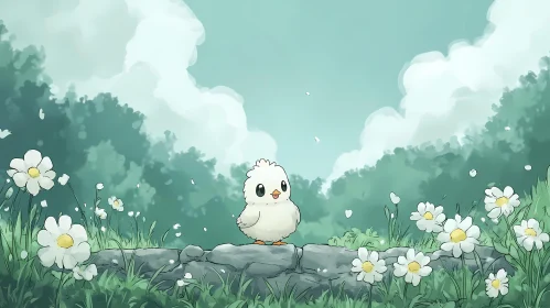 Chick on Stone with Daisies